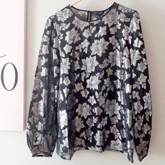 NWT Club Monaco black & silver metallic fibre burnout floral print sheer blouse - Picture 16 of 16